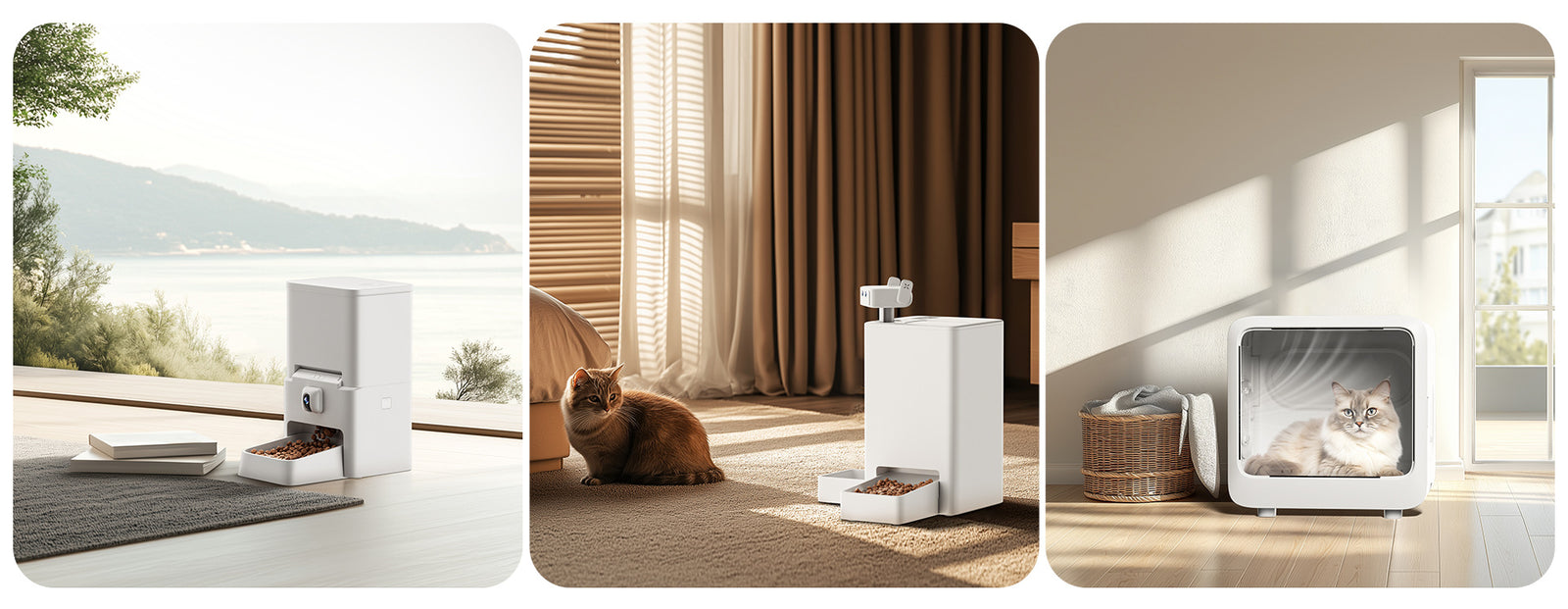Automatic pet feeder beside a window overlooking a lake